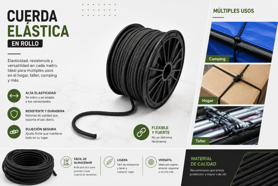 Línea de Rollos de Cuerda Elástica Continua y Gancho